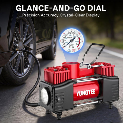 Beefy 12V Double Cylinder Tire Inflator With Direct Drive Portable Air Compressor Pump next to car wheel showing pressure gauge