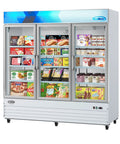 Heavy Duty Triple Glass Door Upright Freezer Merchandiser In Crisp White 52 Cubic Feet showing frozen food selection.