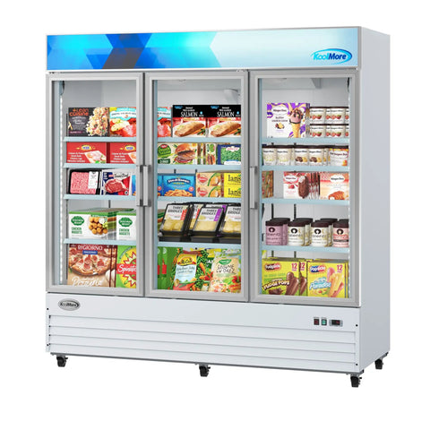 Heavy Duty Triple Glass Door Upright Freezer Merchandiser In Crisp White 52 Cubic Feet showing frozen food selection.