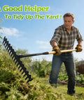 Man using Heavy Duty Dual Mode Garden Rake With 60 Inch Wooden Handle And 17-Tine Bow Rake for landscaping in garden