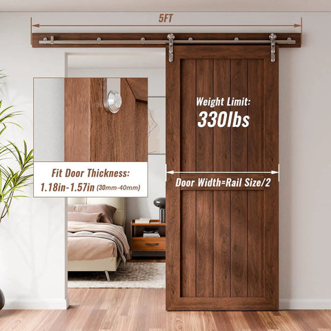 Rock Solid 5Ft Stainless Steel Sliding Barn Door Hardware Kit Running Smooth As Butter With Heavy Duty Track System No Sweat Install For Up To 30 Inch Single Wood Door with a 5ft track and wood door detail.