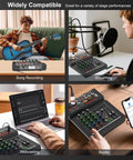 Pro DJ 4 Channel Digital Mixer With USB Bluetooth MP3 Input 99 DSP Effects 7 Band EQ 48V Phantom Power All Metal Mixing Console in various usage scenarios.