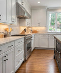 Modern kitchen with 10 Pack Flat Black Clear Glass Cabinet Handle Pulls With 3 Inch Hole Centers, 4 5/8 Inch Overall Length visible on cabinets.