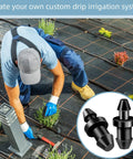 Gardener installing 100 Pack Drip Irrigation End Plugs For Quarter Inch Tubing with line stopper fittings in garden