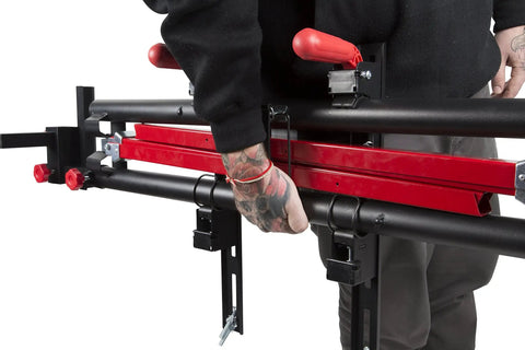 Person folding legs of Universal Miter Saw Stand Extends To 60 Inches And Holds Up To 400 Lbs Folds And Locks For Quick Storage