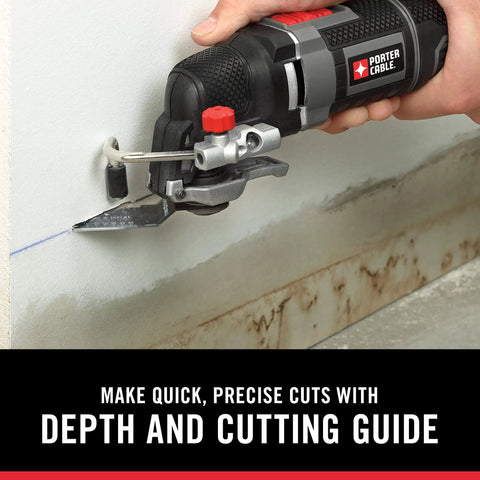 Person using 3 Amp Oscillating Multi Tool Kit With 52 Pieces, Variable Speed 10,000 To 22,000 OPM for precise wall cutting