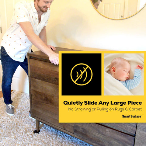 Person sliding dresser on carpet using Carpet Furniture Sliders Three Point Five Inch Round 16 Pack Make It A Breeze To Glide Heavy Sofas And Chairs Without Lifting Protect Carpet Floors While You Rearrange Your Space.