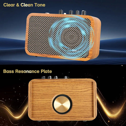 Front and back view of 10W Mini Guitar Amp With Clean And Drive Channels, portable electric guitar amp with wood finish.