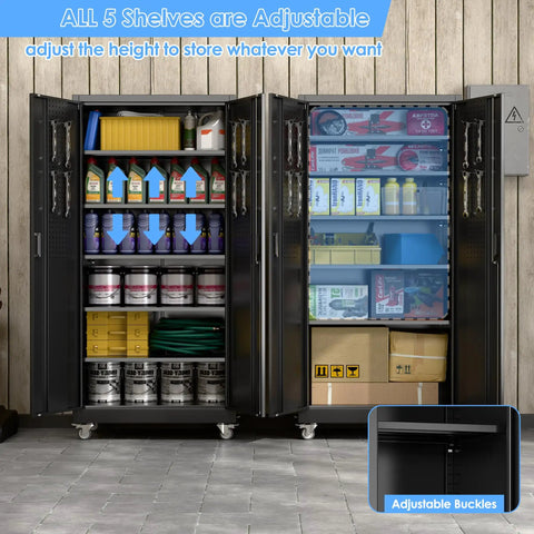 Beefy Heavy Duty Metal Storage Cabinet With Wheels And Pegboard, 71 Inch Tall Industrial Steel Cabinet, open with shelves adjusted