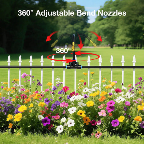 20 Pack 360 Degree Adjustable Drip Irrigation Nozzles For One Quarter Inch Tubing in garden with flowers