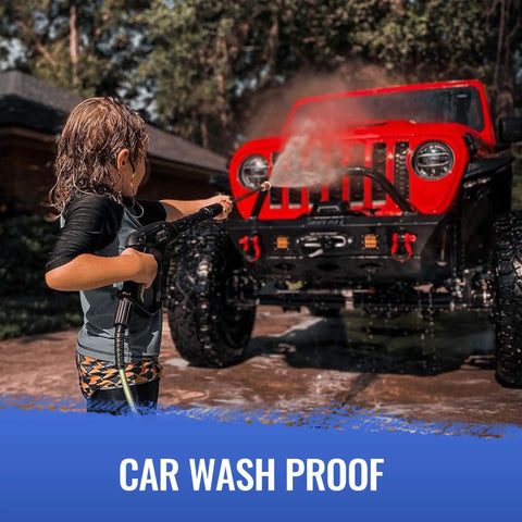 Child washing red Jeep with 13 Inch Stubby Jeep Wrangler Antenna For JL JK Gladiator JT 2007 Through 2026 Low Profile Off Road Antenna
