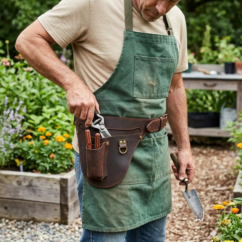 Gardener wearing Genuine Leather Florist Tool Belt Gardening Bag For Gardeners And DIY Pros With 3 Pockets Waist Pouch Holster Brown Leather 42 Inches Belt For Gardening Farm And Workshop Use.