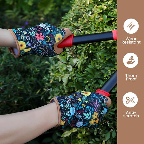 Women using floral Women's Gardening Gloves With Thorn Proof Puncture Resistant Leather, Breathable Microfiber Back for pruning.