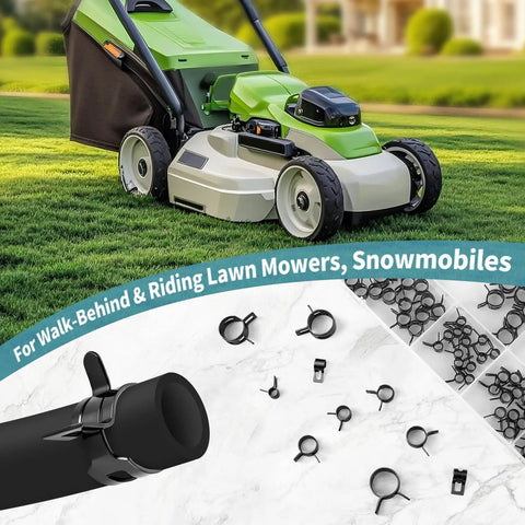Spring Band Hose Clamps Assortment Kit 100 Pcs With Ten Sizes, close-up and organized case, for lawn mowers and snowmobiles