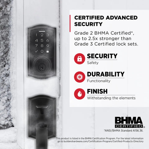 SmartCode 270 Keyless Entry Door Lock With Touchpad For No Keys Needed Auto Lock Custom User Codes And Strong Security In Matte Black Finish Easy Install And Durable Home Security Made Simple, installed on snowy door.