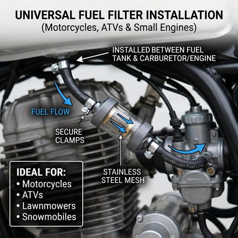Universal Inline Fuel Filter Kit With Clear View Filter For Three Sixteenth Inch 5mm Fuel Lines Includes Hose Clamps Fits Motorcycle ATV Dirt Bike And Small Gas Engines 304 Stainless Steel Filtration installed between tank and engine