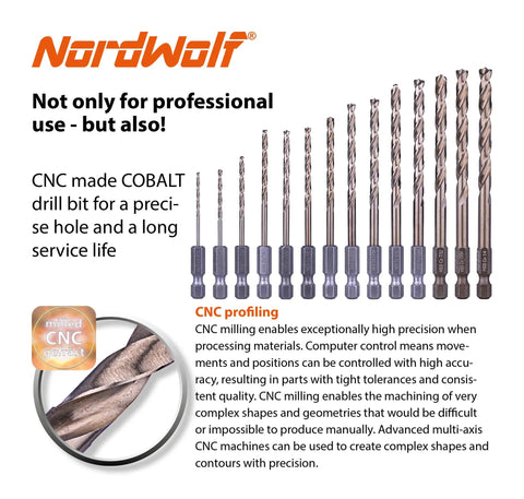 14-Piece M35 Cobalt Drill Bit Set for Stainless Steel And Hard Metals displayed with CNC milling capabilities description.