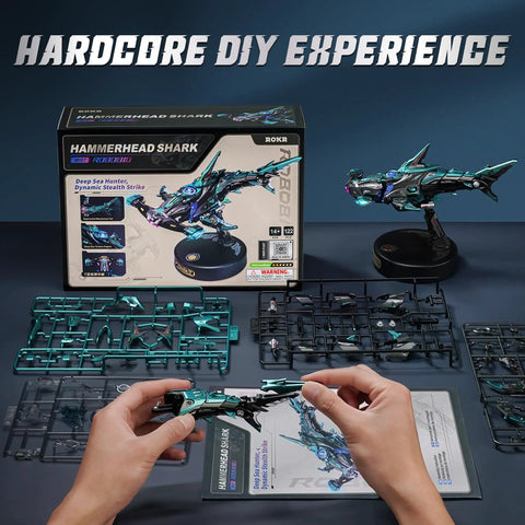 Hammerhead Shark 3D Puzzle Kit For Adults And Teens, Sick Mechanical Model Building Kit, components and assembled model display.