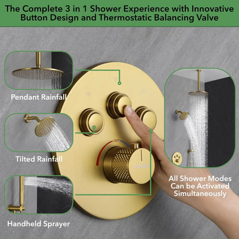 Super Sleek Thermostatic Shower System In Brushed Gold With Push Button Diverter For Smooth Temp Control No Drama Setup Straight Fire Look For A Total Bathroom Glow Up