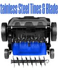 Powerful 13 Inch 12 Amp Two In One Electric Dethatcher And Scarifier, bottom view showing stainless steel tines and blades.