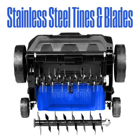 Powerful 13 Inch 12 Amp Two In One Electric Dethatcher And Scarifier, bottom view showing stainless steel tines and blades.