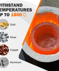 Heavy Duty Graphite Crucible With Smooth Pouring Spout For Melting Aluminum Up To 1800 C Heat Resistant Foundry Pot showing molten metals.