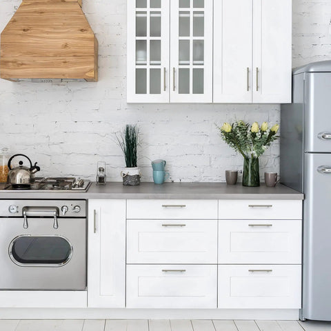 Modern kitchen with 60 Pack Brushed Nickel Stainless Steel Cabinet Pulls For Kitchen Cabinets Drawers And Cupboards With Seven And Three Eighths Inch Length And Five Inch Hole Center Modern Durable Cabinet Handles For Wardrobes And Furniture on white cabinets.