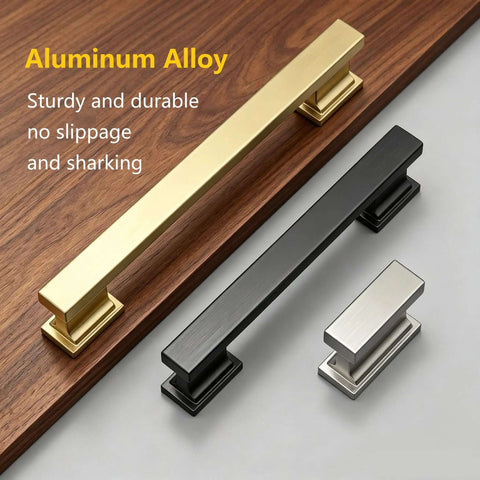 Slick Matte Black Cabinet Handles And Drawer Pulls Three Quarter Inch Ten Pack Solid Aluminum Kitchen Hardware With Smudge Proof Finish And Heavy Duty Build For No Sweat Room Refreshes showing gold, black, and silver finishes on wooden background.