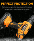 21V Max Cordless Drill Kit with Three Eighths Inch Metal Chuck, shown under rain with waterproof feature, battery attached
