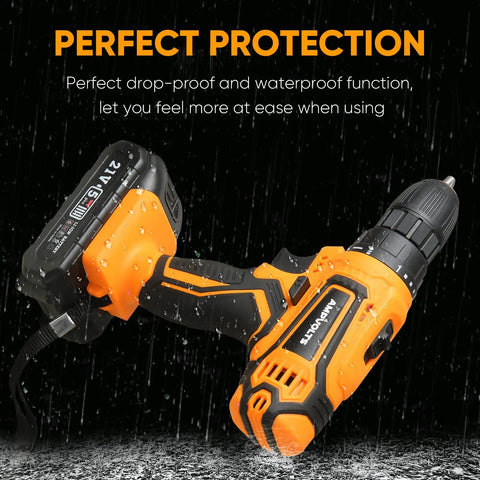 21V Max Cordless Drill Kit with Three Eighths Inch Metal Chuck, shown under rain with waterproof feature, battery attached