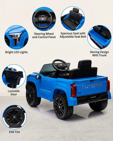 Toyota Tundra Licensed 12V Kids Ride On Truck With Realistic Grille, Brand Logos, And Kid Friendly Functional Pickup Bed, Electric Battery Powered Outdoor Adventure Car For Young Drivers. Blue rear view with seat, LED lights, EVA tires