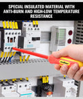 Person using Heavy Duty Six Piece Insulated Screwdriver Set With Sure Grip Magnetic Tips And Certified 1000V Safety Crafted Badass From Chromium Steel With Comfy Rubber Handles to work on electrical components.