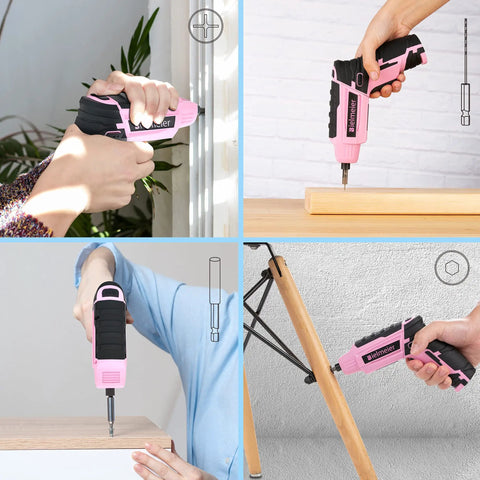 Collage of pink cordless screwdriver set with automatic torque control and sensor demonstrating easy DIY fixes on various surfaces.
