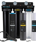 Elite Series 3 Stage Whole House Water Filtration System for city and well water with pressure gauges and 1-inch ports.