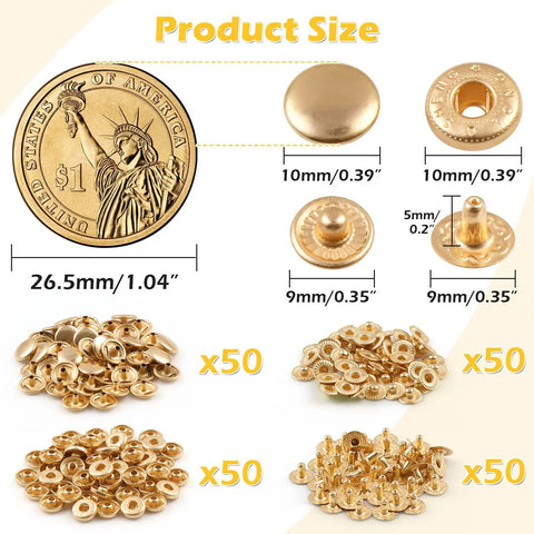 Pale Gold Snap Fasteners Kit For Leather Craft DIY 50 Sets, 200 Pieces, Includes 4 Tools, 10mm Press Studs Button Snaps
