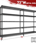 Beefy Heavy Duty 5 Tier Wire Shelving Unit, 73 Inch Wide, 71 Inch High, 17.7 Inch Deep, Garage Storage Solution, Commercial Grade Steel Shelves Holds Up To 1650 Lbs, Extra Wide Organization Rack, Easy Assembly black metal wire shelving