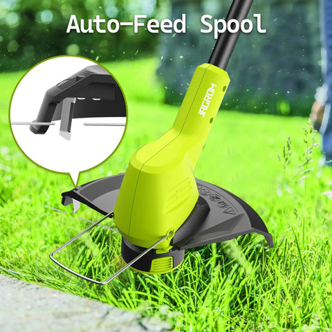 Cordless 21V String Trimmer With Dual 3.0Ah Batteries and charger, 12 Inch Weed Eater, showing auto-feed spool in grass