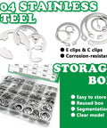 304 Stainless Pro Grade Snap Ring Kit With 502 C Clips And 300 E Clips, 31 Sizes From 1.5mm to 28mm in storage box.