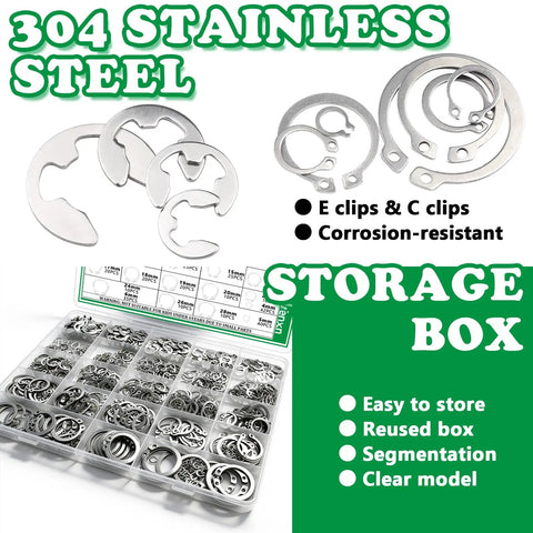 304 Stainless Pro Grade Snap Ring Kit With 502 C Clips And 300 E Clips, 31 Sizes From 1.5mm to 28mm in storage box.