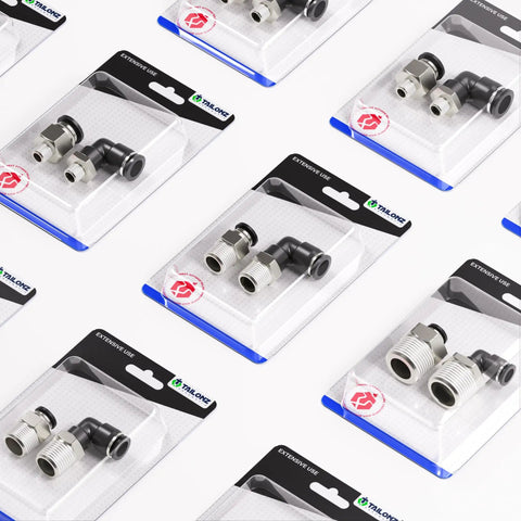 Elbow and Straight Push To Connect Fittings One Half Inch Tube OD To One Quarter Inch NPT Thread Pneumatic Quick Connects Pack