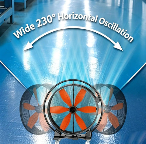Heavy Duty Mobile Industrial Circulation Fan Featuring Tough As Nails Permanent Magnet Brushless Core and Lockable Rolling Wheels For Hassle Free Zone Shifting In Any Workshop Space with 230-degree oscillation.