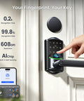 Slick WiFi Smart Lever Lock With Nonkeyed Deadbolt Matte Black for Front Door Security, fingerprint scanning feature in use.