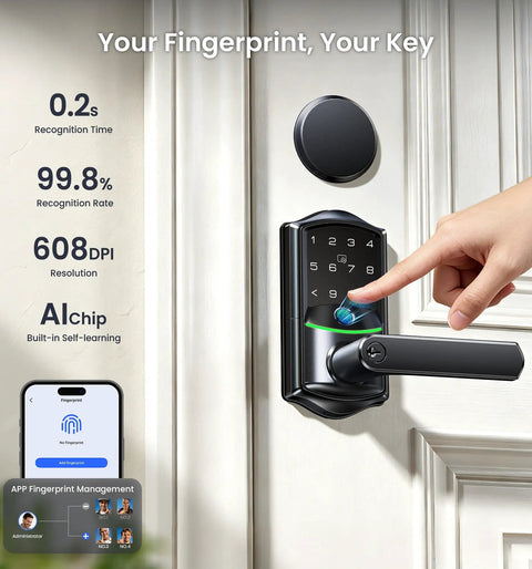 Slick WiFi Smart Lever Lock With Nonkeyed Deadbolt Matte Black for Front Door Security, fingerprint scanning feature in use.