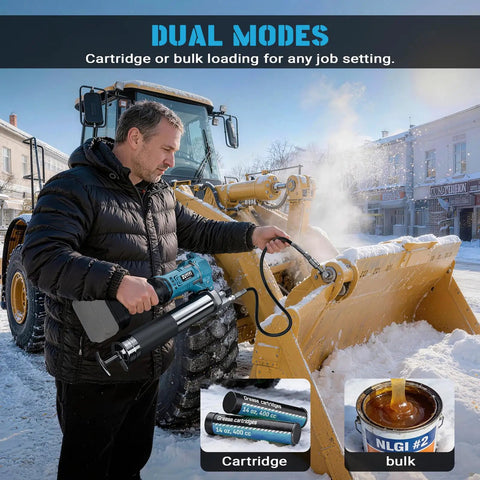 Man using Cordless 12000 PSI Electric Grease Gun With Brushless Motor on snow-covered construction equipment