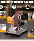 Badass Mini Electric Belt Sander And Knife Sharpener For Precision Jewelry Crafting And Desk Polishing Compact Power Tool with stainless steel body.