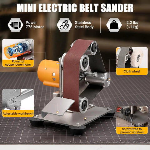 Badass Mini Electric Belt Sander And Knife Sharpener For Precision Jewelry Crafting And Desk Polishing Compact Power Tool with stainless steel body.