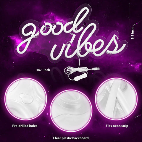 Pink Good Vibes Neon Sign For Bedroom And Wall Decor, LED Neon Lights For Living Room Or Office, 16.1 By 8.3 Inch Easy-Mount Neon