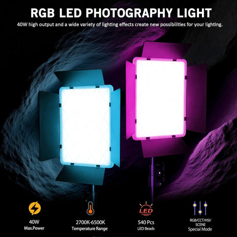 Two Pack RGB Video Lighting Kit With 40W Output And 360 Degree Full Color Range From 2700K To 6500K displayed in studio.
