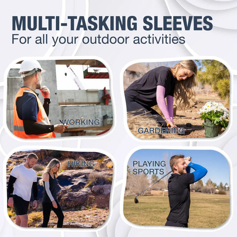 Collage of people wearing Cooling Arm Sleeves For Men Women And Youth Breathable Moisture Wicking Sun Protection during activities.