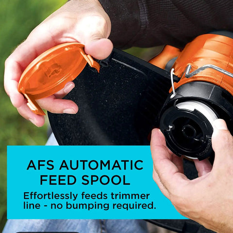 Hands installing Replacement Trimmer Line For Weed Eater 0.065 Inch, 30 Feet, 3 Pack into automatic feed trimmer